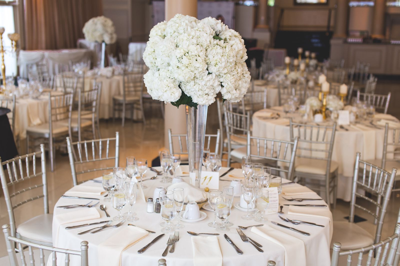 Set banquet table in an elegant hall.