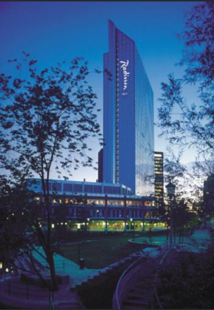 Oslo Plaza at dusk from the park.